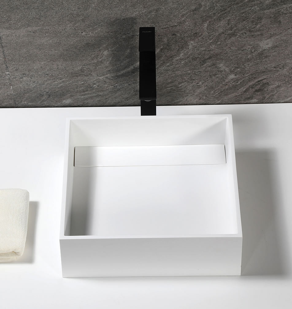 Square White Resin Bathroom Sink, faucet not included.