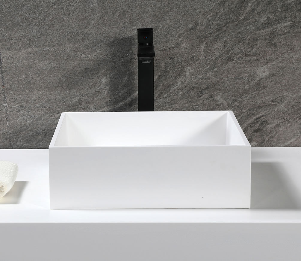 Square White Resin Bathroom Sink, faucet not included.