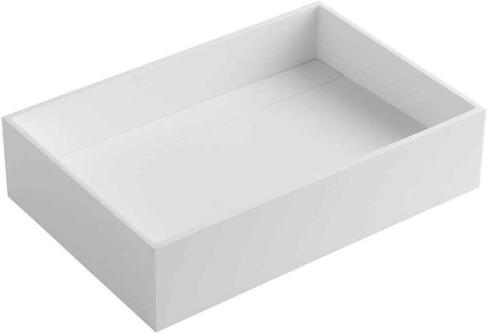 Rectangular White Resin Sink, drain cover in place.