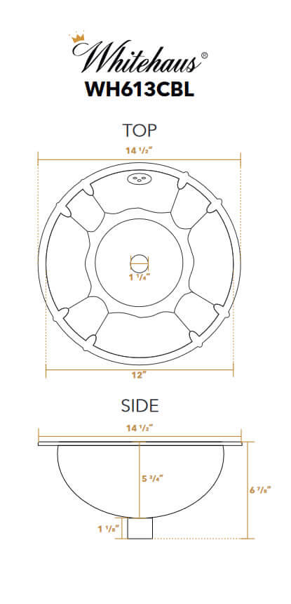 Dimensions - Polished Copper Fluted Drop-in Basin