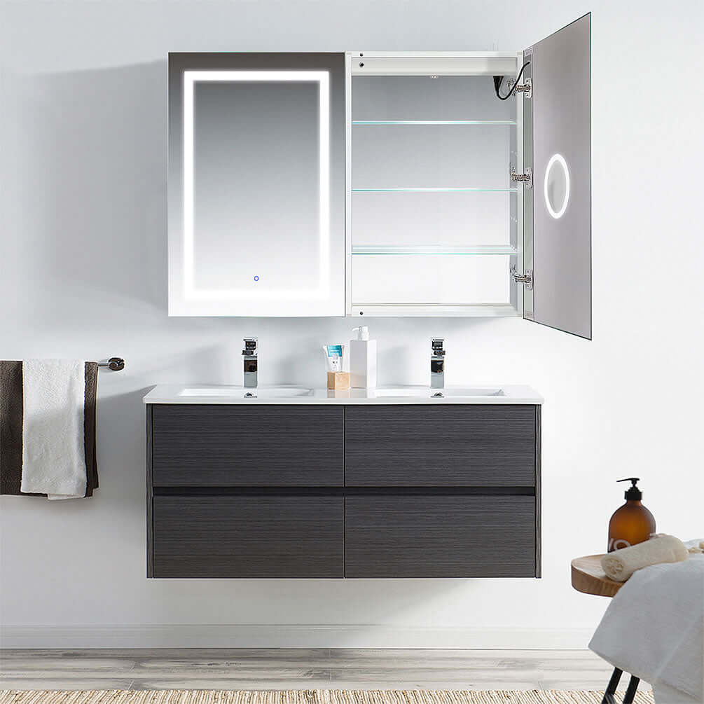 SVANGE 48" x 36" High Both Doors Lit, 3x Inset Mirror on Right Door, 3 Shelves, Center Open