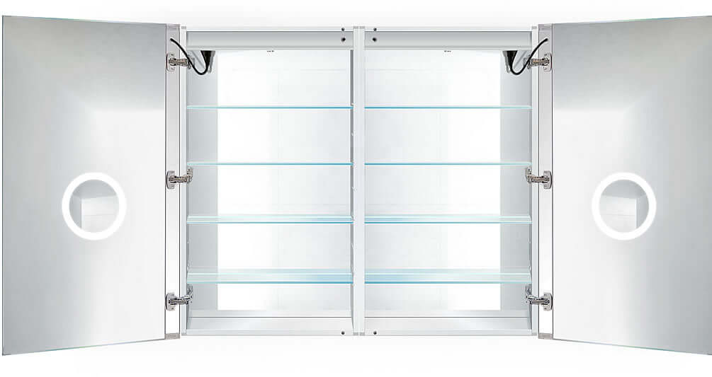 Svange 48" x 42" High, 3 interior shelves, both doors lit with 3x lit inset mirror.
