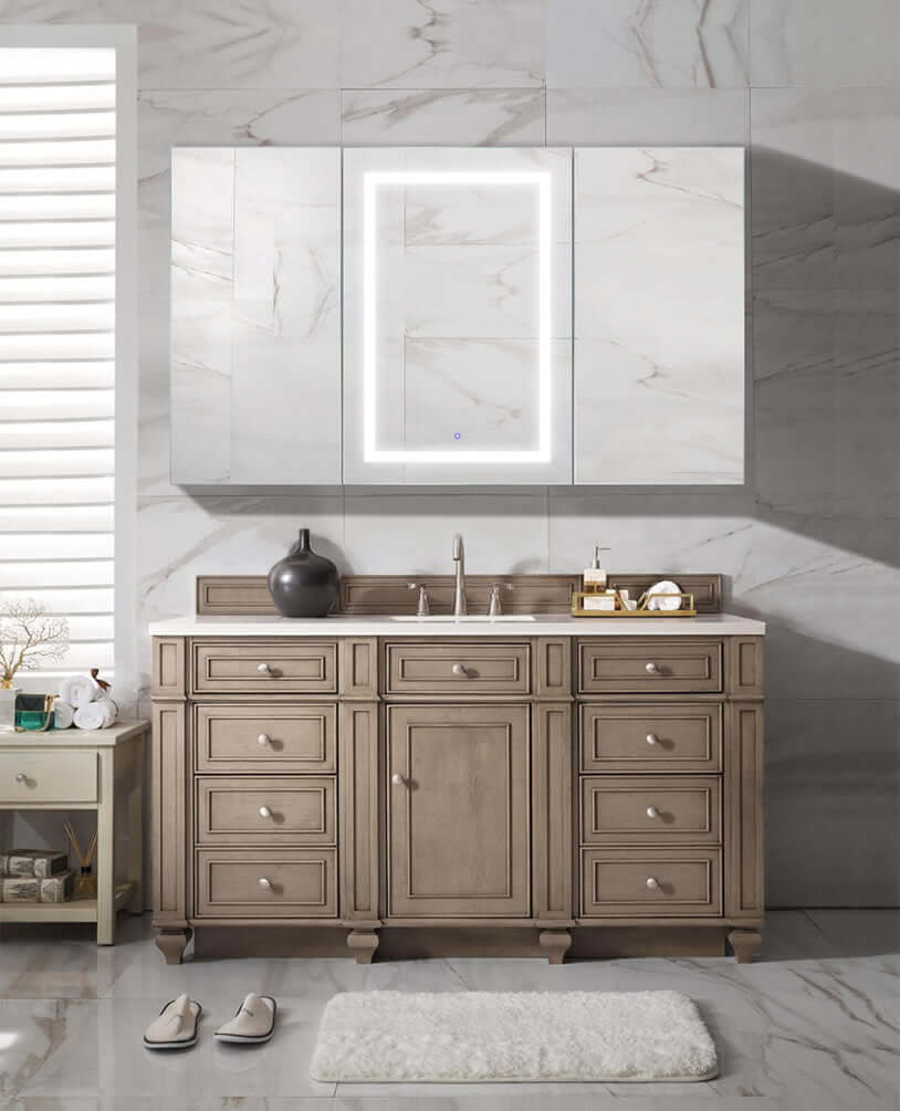 60" Wide application, center door lit, with inset 3x makeup mirror on the inside.