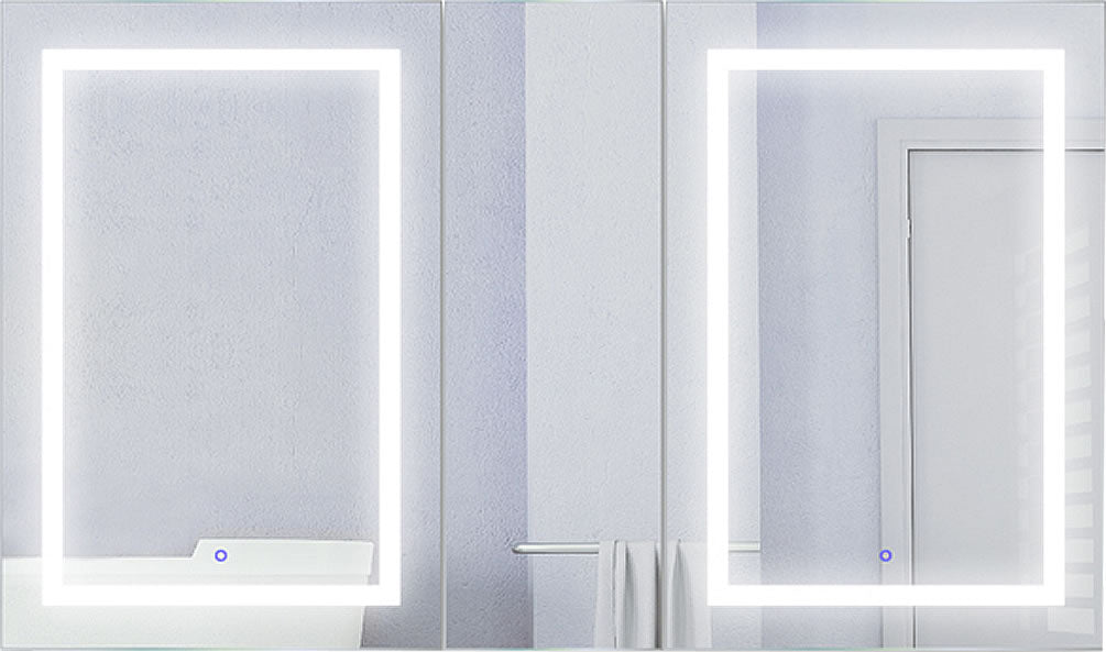 60" xx 36" High, both doors LED lit with defoggers, and with interior inset 3x Magnifying Mirrors