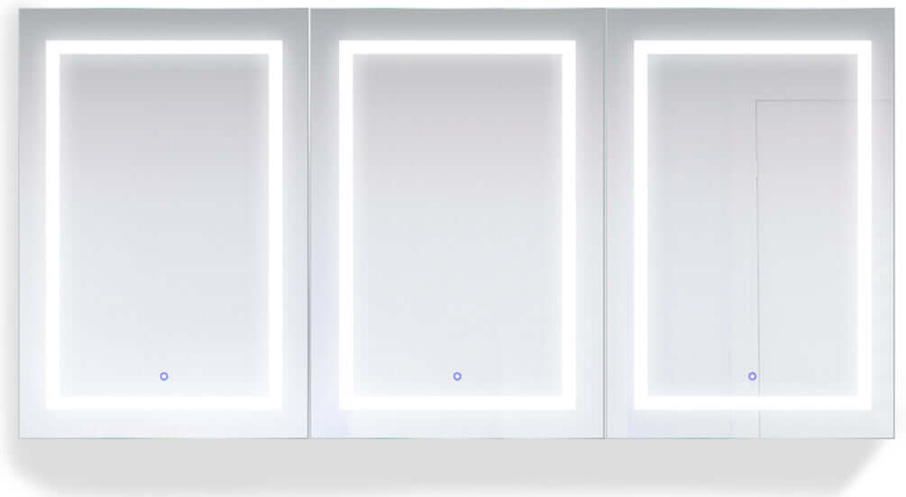 Svange Triple-Wide all doors LED lighted, each with 3x inset LED Makeup Mirror and Defogger.  72" x 42" High shown.