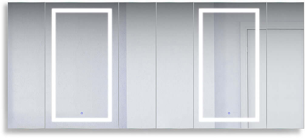 Svange Mega-6 96" x 42" shown. 3 Doors open left, 3 open right. Two center doors on each side are LED illuminated with interior inset 3x Makeup Mirror