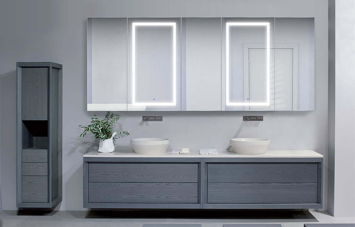 Svange Mega-6 120" x 42" shown. 3 Doors open left, 3 open right. Two center doors on each side are LED illuminated with interior inset 3x Makeup Mirror