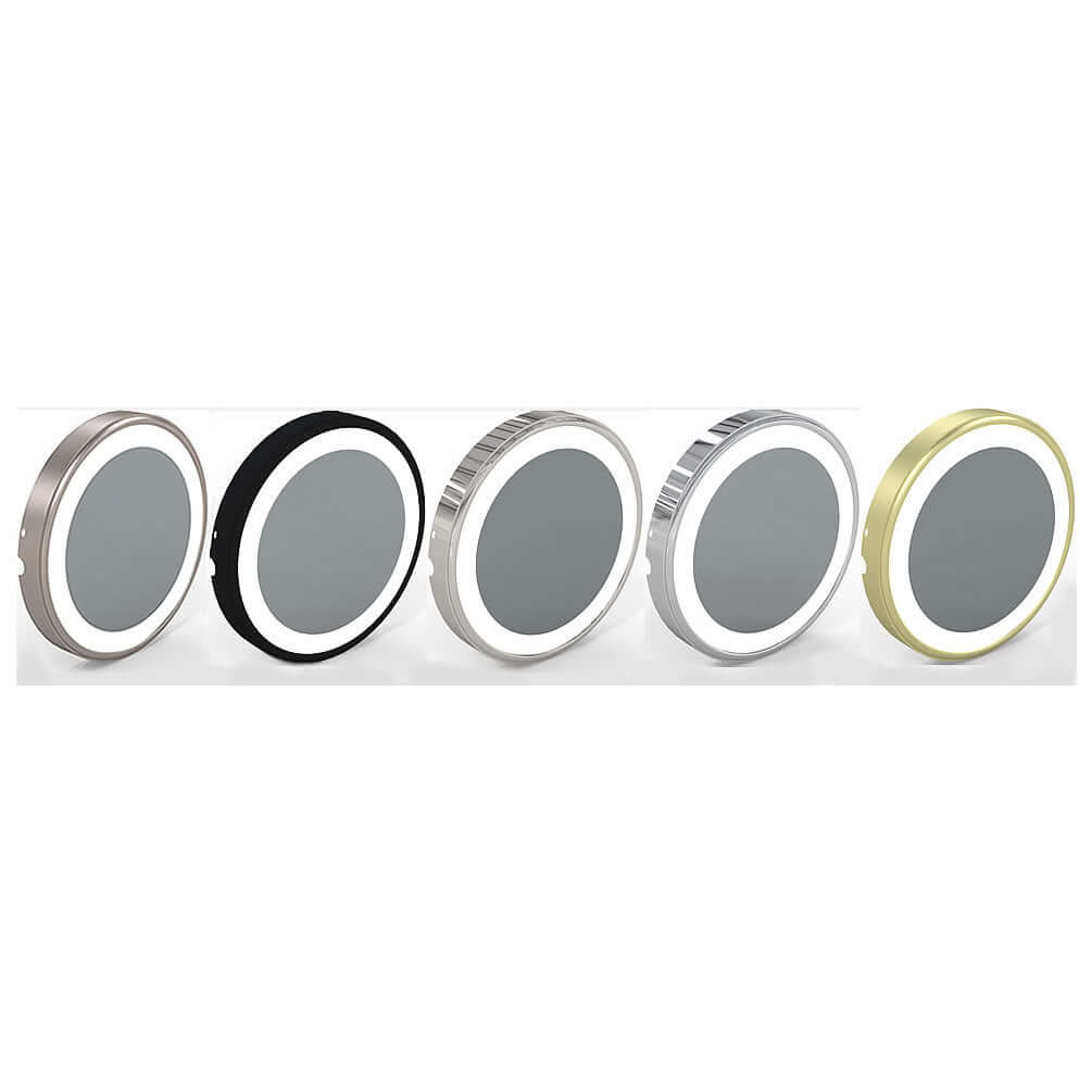Left to right: Brushed Nickel, Matte Black, Polished Nickel, Polished Chrome, Brushed Brass