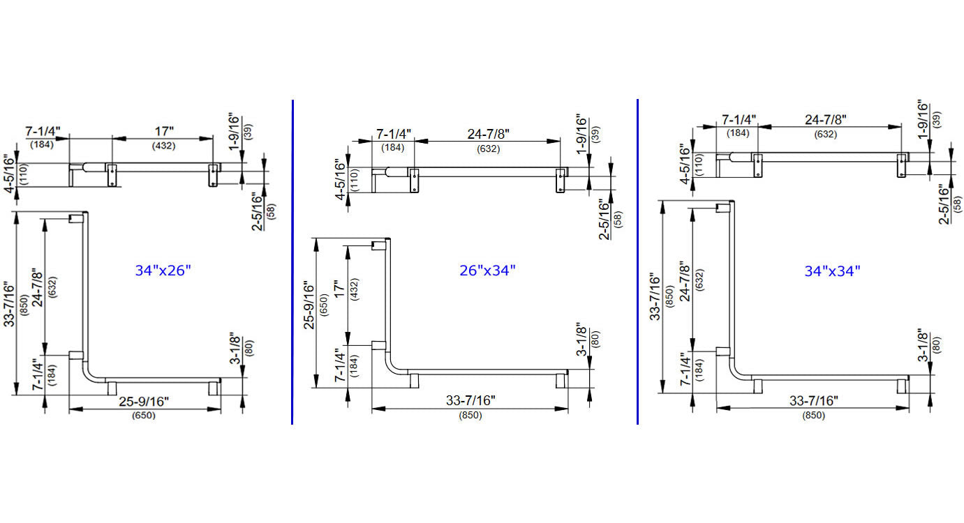 Axess Corner Rail Left to right: 34" x 26", 26" x 34", and 34" x 34"
