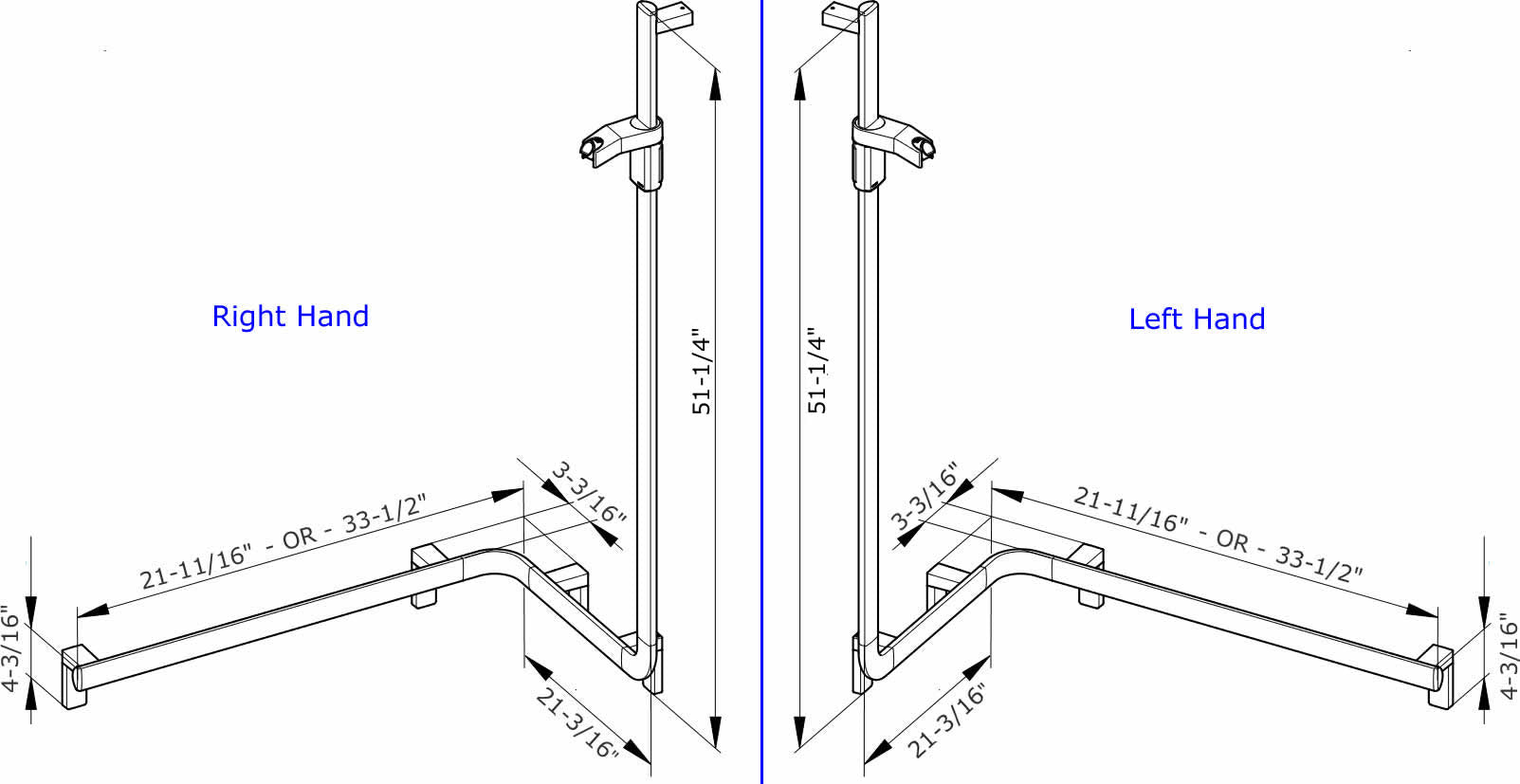 Right Hand or Left Hand indicates the side on which the vertical bar is positioned.