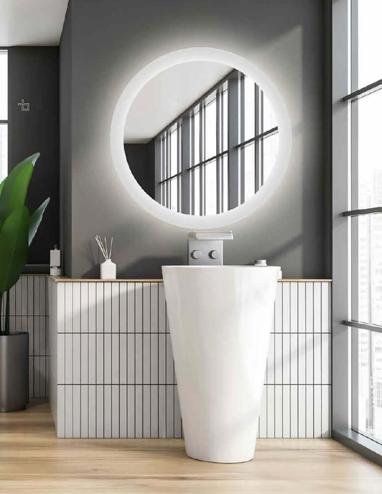 Electric Mirror Trinity LED Round Backlit Mirror has a Sleek Lighted Border and Wall Glow