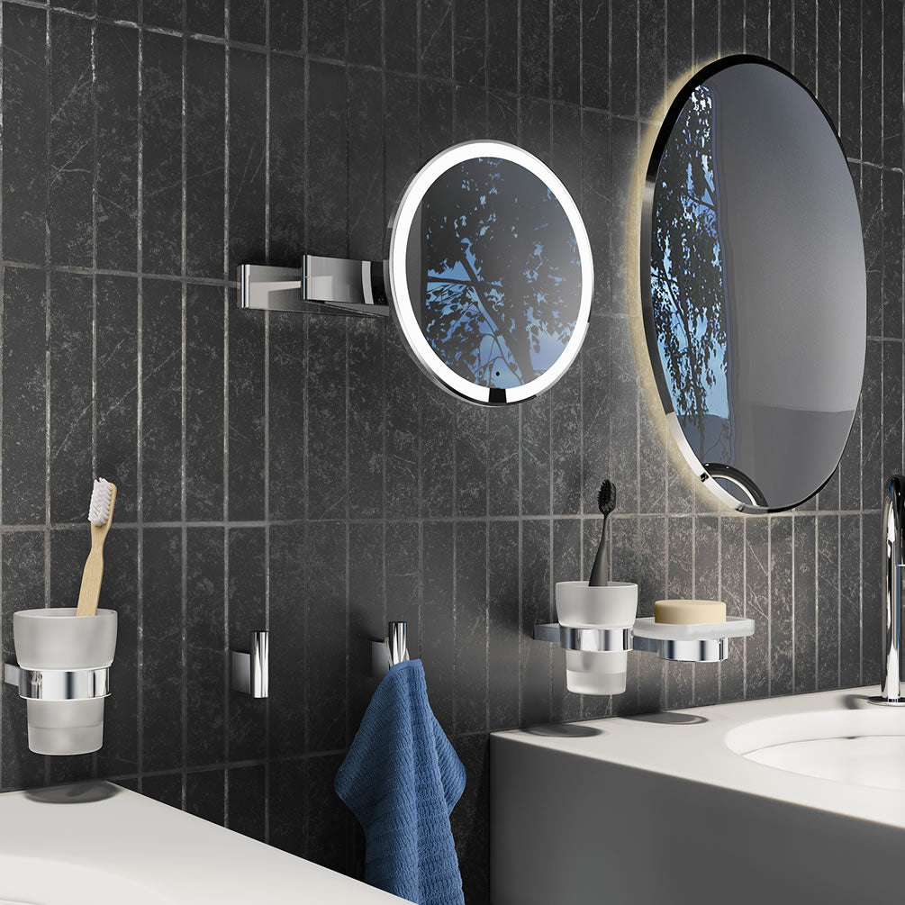 Smedbo 7x Cordless LED Round Makeup Mirror with Light - Wall-Mounted in Polished Chrome