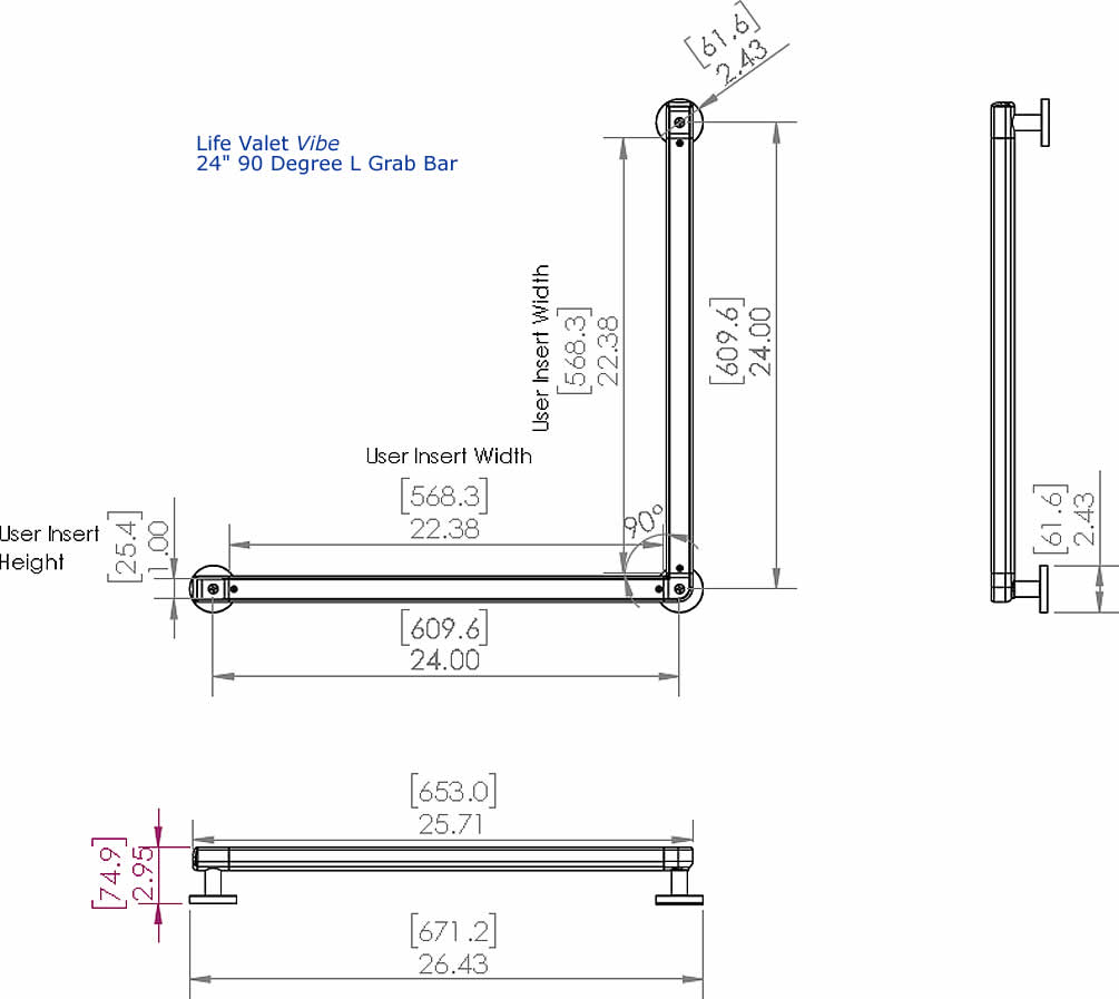 90 Degree L-Shaped 24" Vibe Customizeable Grab Bar