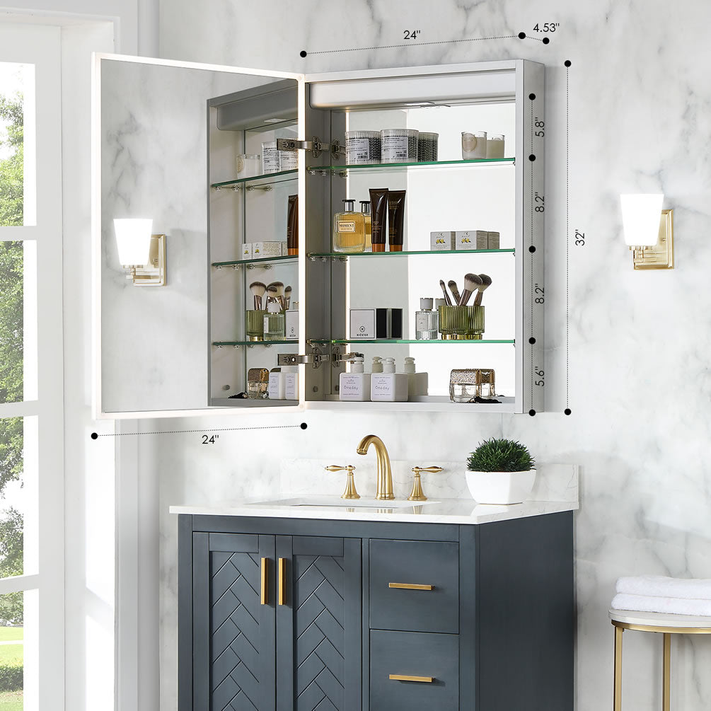 Carsoli 24" Mirrored Extra-Bright LED Medicine Cabinet, Recess or Surface Mount - Altair Design - Perfect Makeup Mirrors