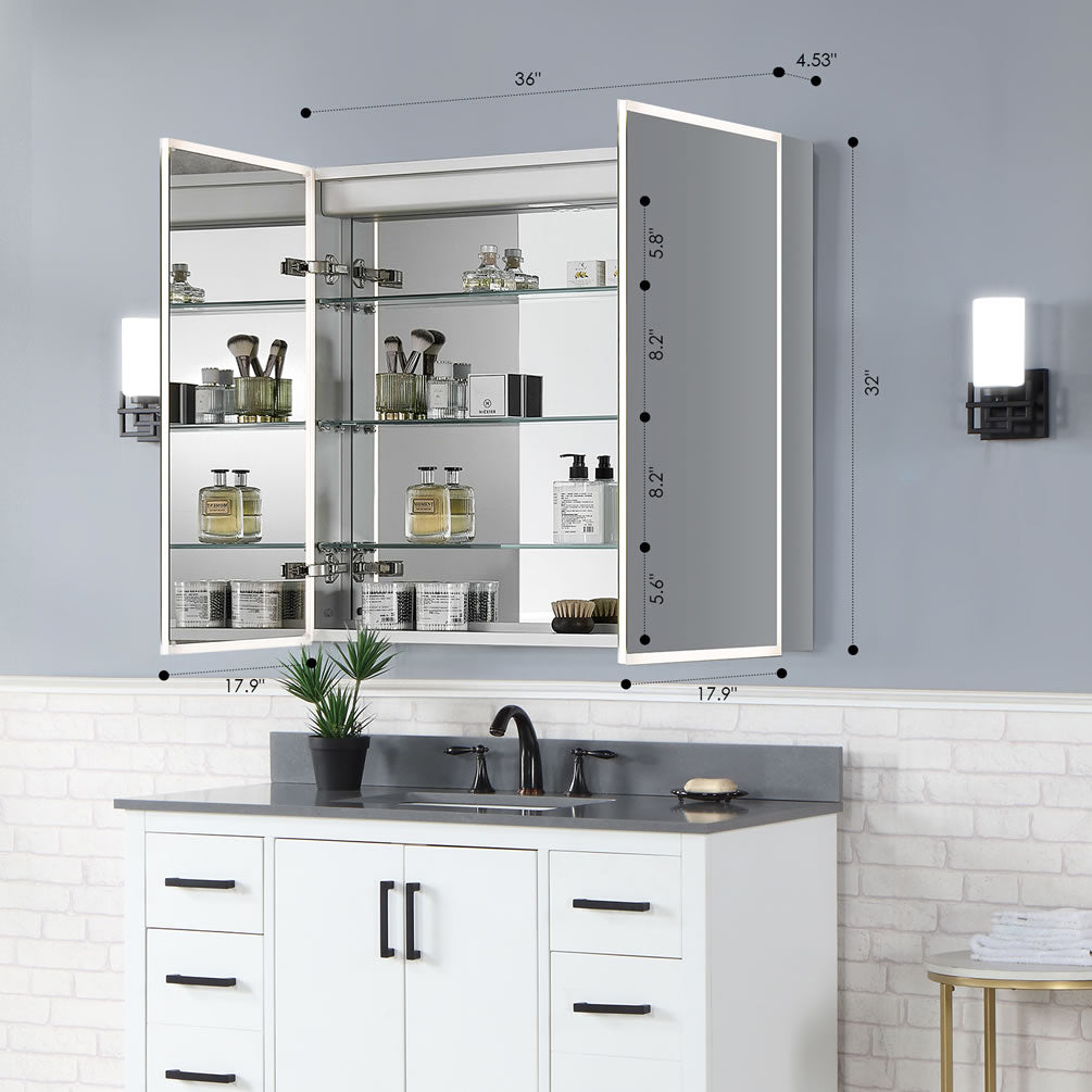 Carsoli 36" 2-Door Mirrored Bright LED Medicine Cabinet, Recess or Surface Mount - Altair Design - Perfect Makeup Mirrors