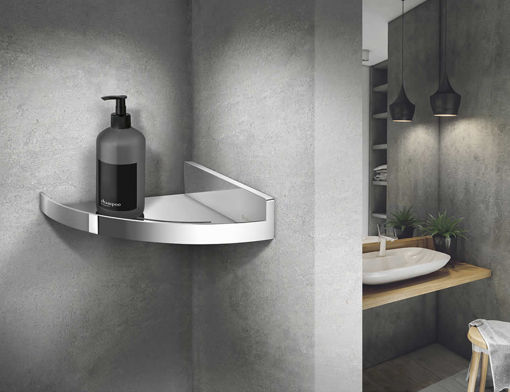 Sideline Collection Shower Corner Shelf, Polished Chrome or Matte Black - SMEDBO - Perfect Makeup Mirrors
