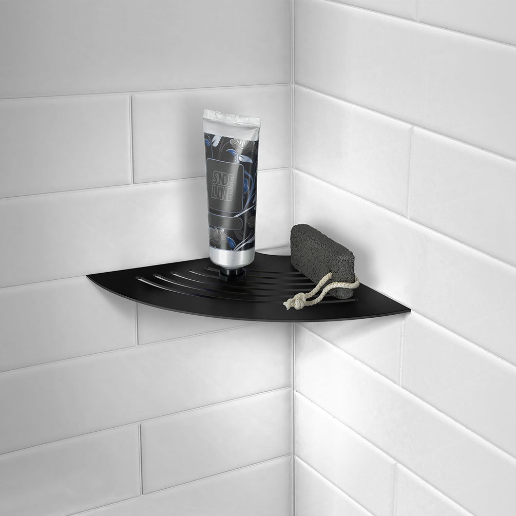 Sideline Collection Grout Line Slotted Corner Shelf, Polished Stainless Steel, Matte Black - SMEDBO - Perfect Makeup Mirrors