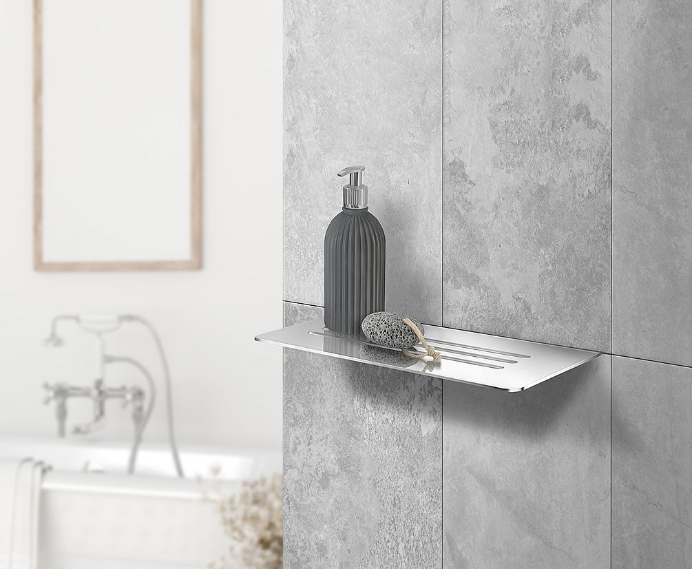 Sideline Collection Grout Line Slotted Shower Shelf, Polished Stainless Steel or Matte Blac - SMEDBO - Perfect Makeup Mirrors