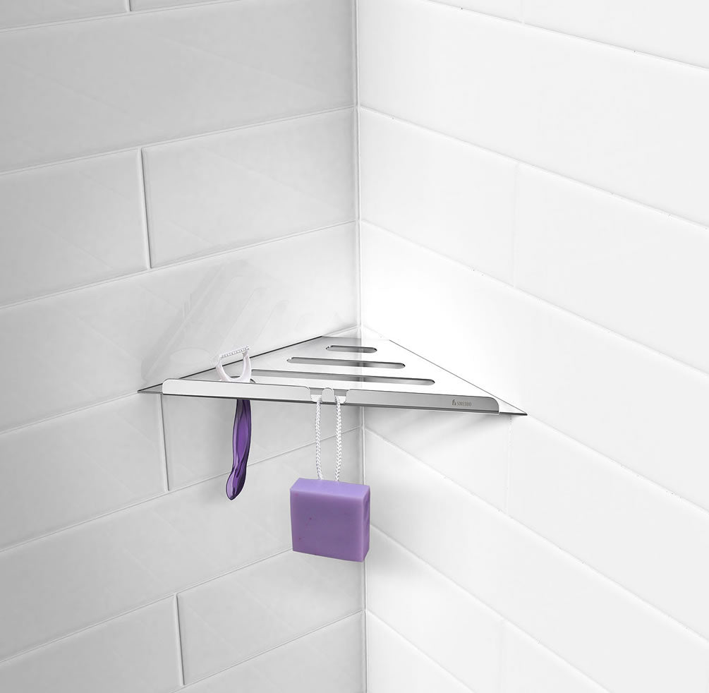 Sideline Collection Grout Line Corner Shower Shelf, Polished Stainless Steel or Matte Black - SMEDBO - Perfect Makeup Mirrors