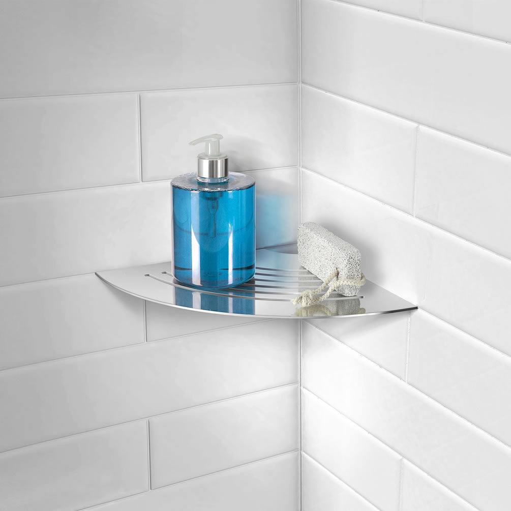Sideline Collection Grout Line Slotted Corner Shelf, Polished Stainless Steel, Matte Black - SMEDBO - Perfect Makeup Mirrors