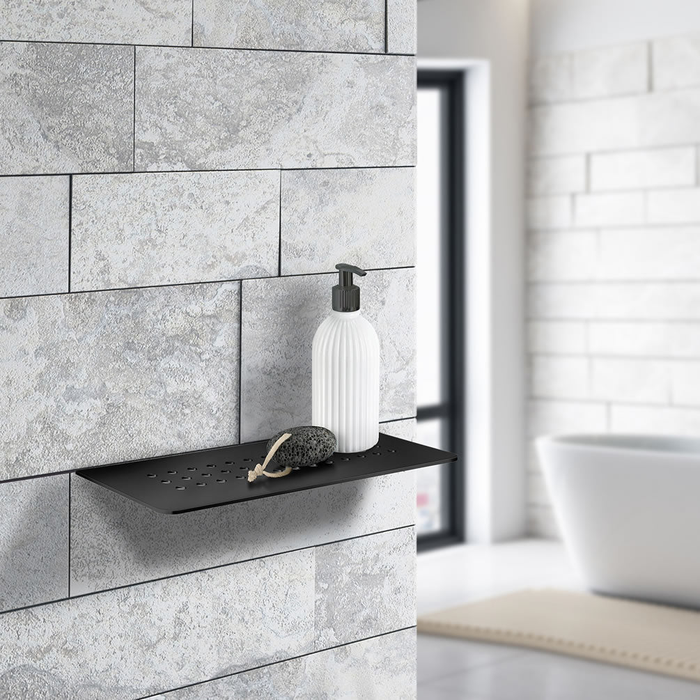 Sideline Collection Grout Line Straight Shower Shelf, Polished Stainless Steel, Matte Black - SMEDBO - Perfect Makeup Mirrors