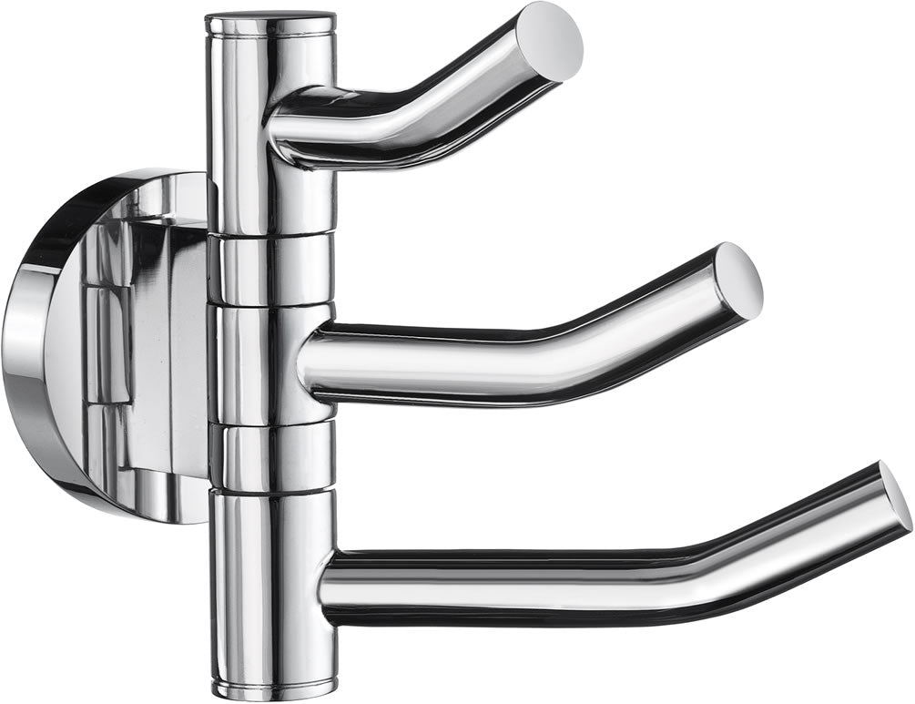 Polished Chrome Finish Solid Brass Triple Swivel Hook:. Overall: 4.6" Projection from Wall x 3.5" High. Smedbo Home Collection.
