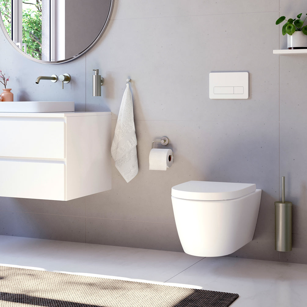 In the Photo: Smedbo Home Collection - Brushed Nickel Toilet Brush Set, Toilet Roll Holder, Soap/Lotion Pump