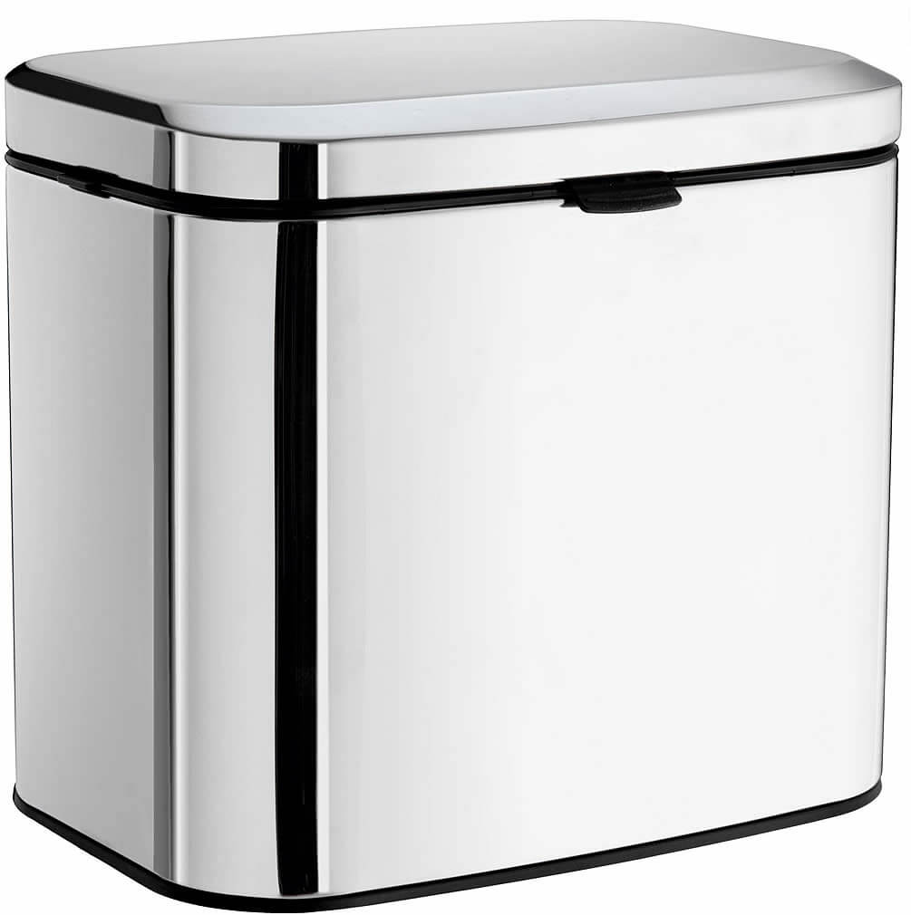 Polished Stainless Steel. 11" Wide x 10" High x 10" Deep, with soft close lid and removable liner.