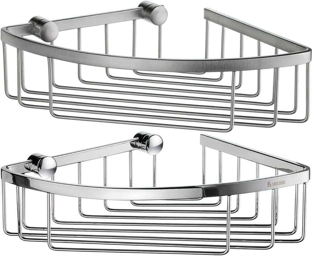 Solid Brass Smedbo Sideline Collection Corner Shower Baskets.  Brushed Chrome at topo, Polished Chrome below.