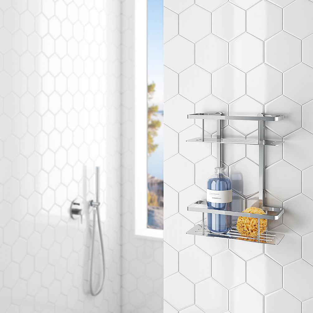 Sideline Collection Polished Chrome Permanent Double Shower Caddy - SMEDBO - Perfect Makeup Mirrors