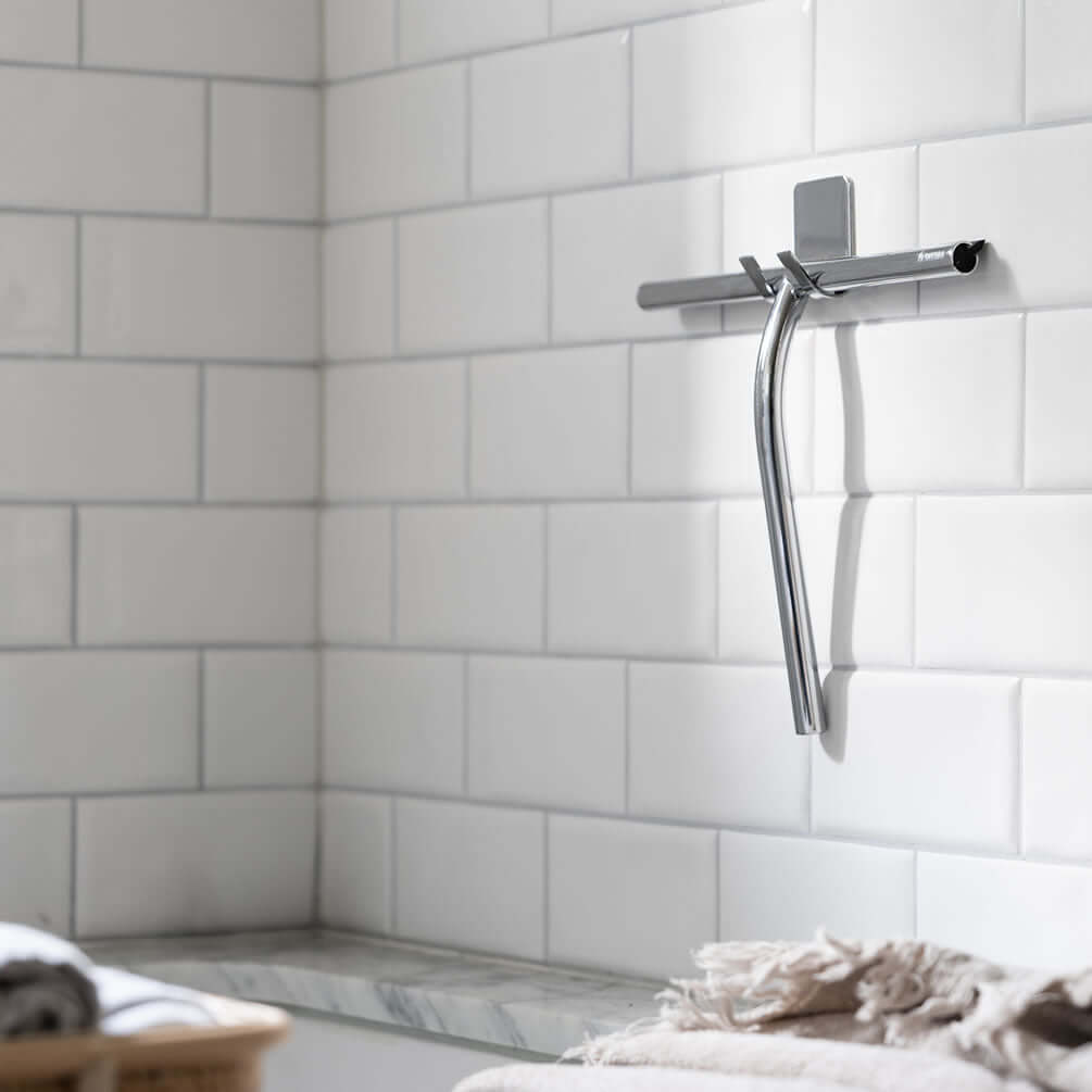 Smedbo Sideline 9.5" Squeegee with included self-adhesive hook. All-silicone blade and stainless steel construction. Also in Matte Black.