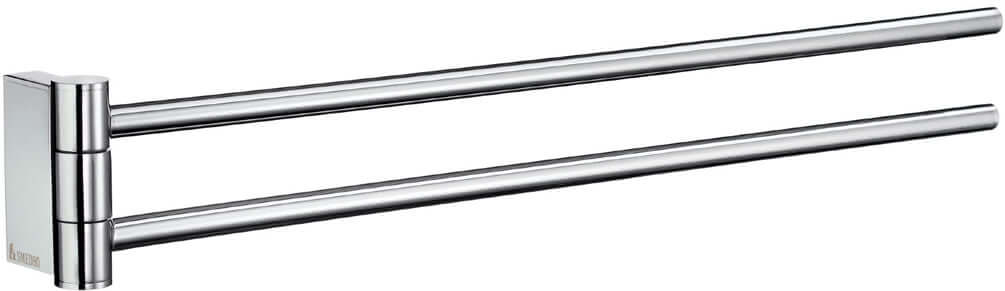 Double Swing Arm Towel Holder in Solid Brass. Each arm swings independently. Arm length: 17.3"