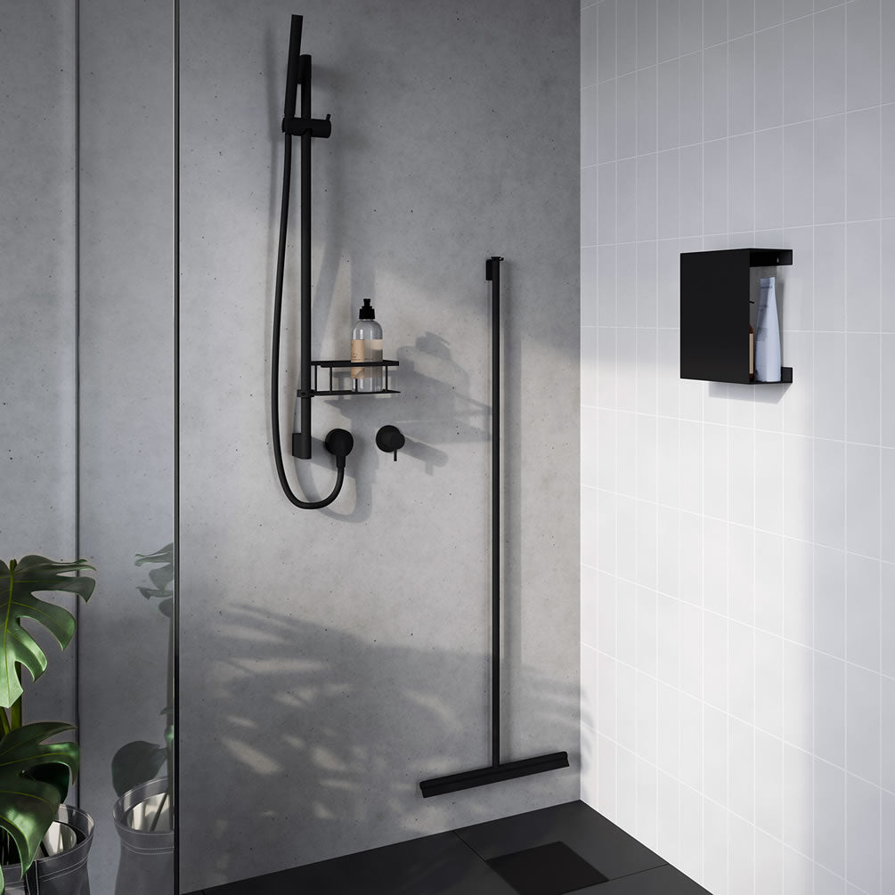 48" Shower Squeegee with Self Adhesive Hook, Stainless Steel or Black - SMEDBO - Perfect Makeup Mirrors