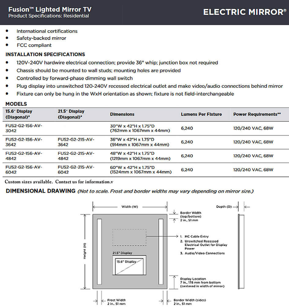 Electric Mirror Fusion Mirror TV Specifications