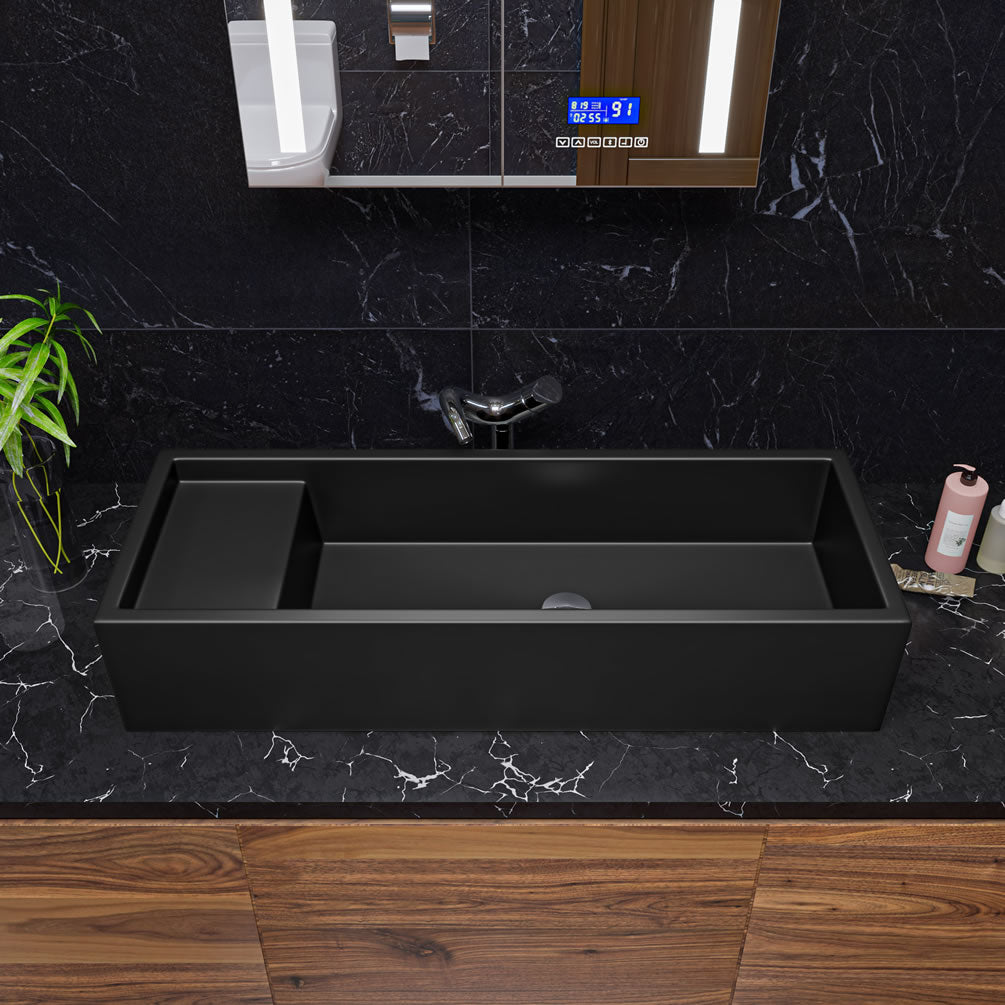 Above-Mount or Under-Mount Fireclay Bathroom Trough Sink - Matte Black or Matte Grey - ALFI brand - Perfect Makeup Mirrors