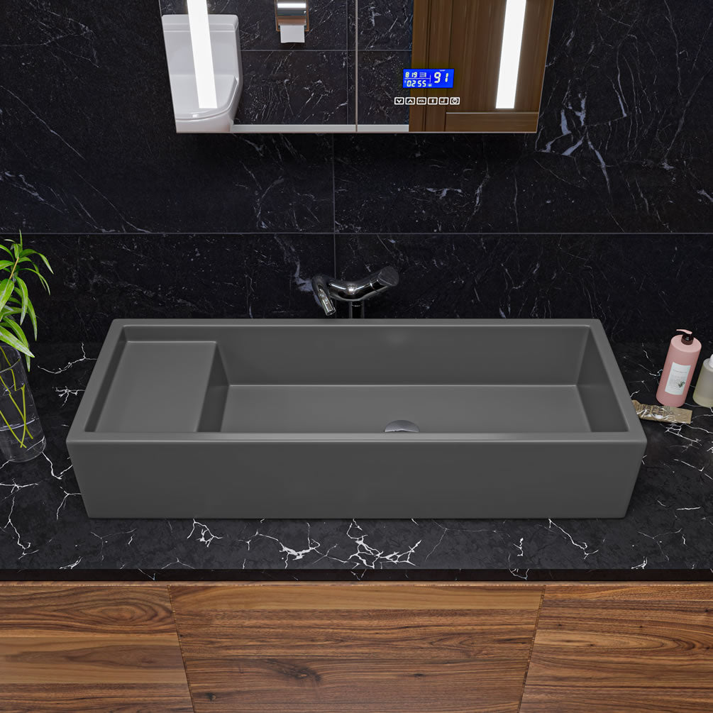 Above-Mount or Under-Mount Fireclay Bathroom Trough Sink - Matte Black or Matte Grey - ALFI brand - Perfect Makeup Mirrors