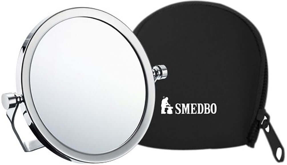 Smedbo 5x/1x reversible travel mirror with stand and Neoprene travel case.