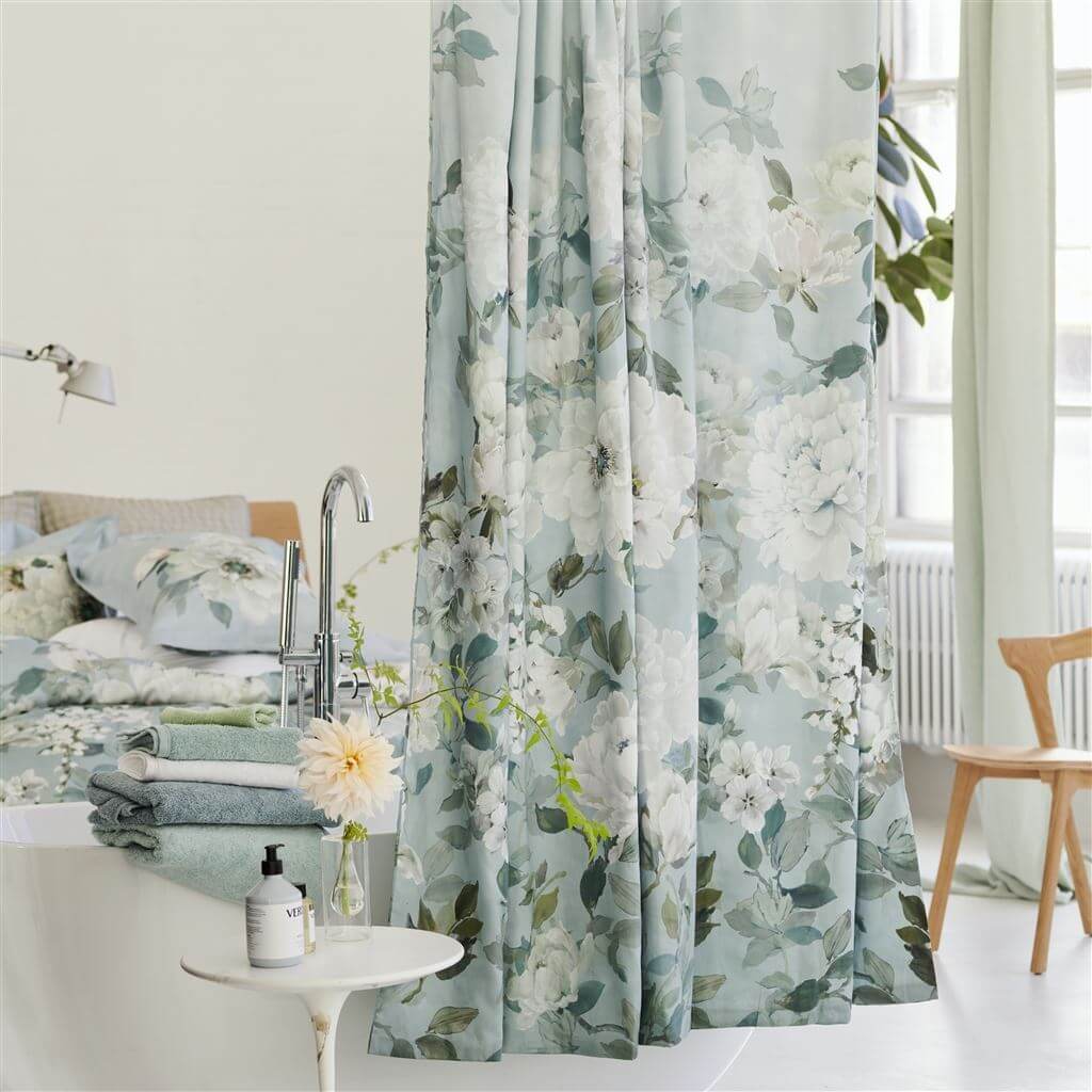Fleur Blanche Platinum 100% Linen Shower Curtain - Designers Guilt