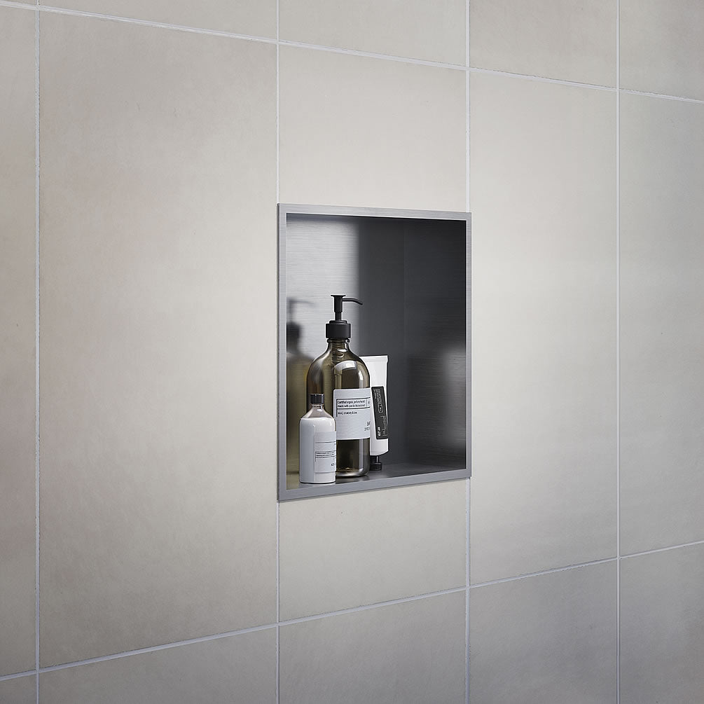 Stainless 12" x 12" Steel Shower Niche - Brushed Stainless or Matte Black - SMEDBO - Perfect Makeup Mirrors