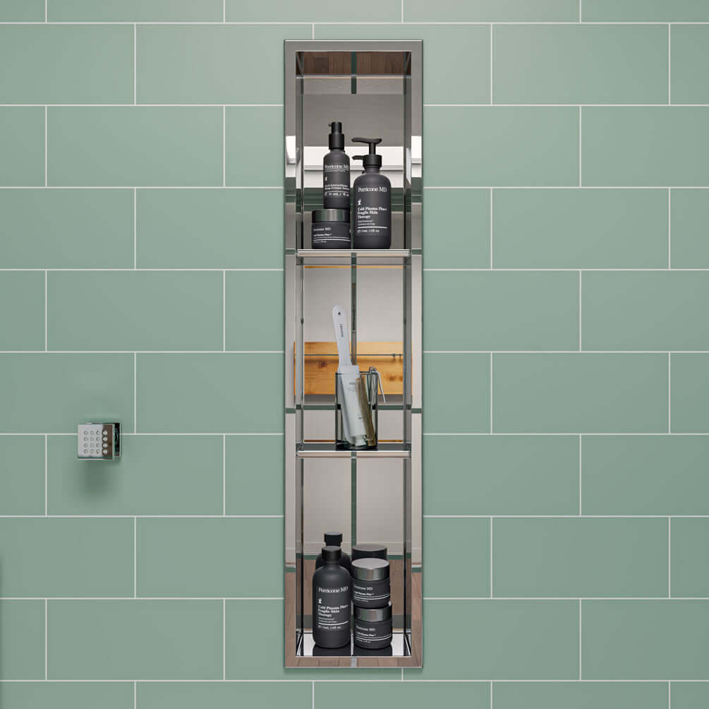Alfi brand Triple Shelf 8 x 36 Shower Niche, Polished Stainless Steel