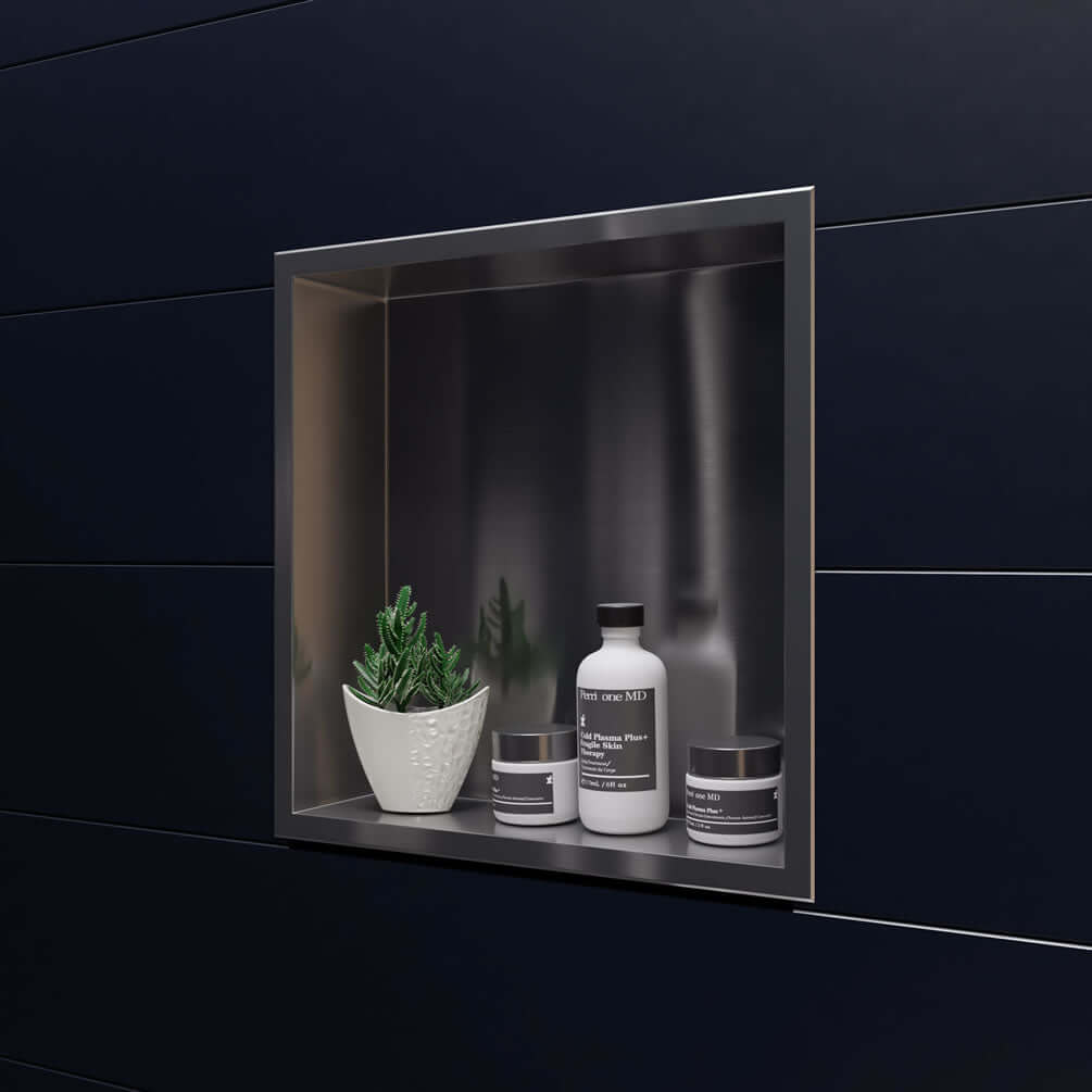 Flush, recessed installation - Alfi brand 16"x16" Brushed Stainlesss Steel Bathoom & Shower Niche