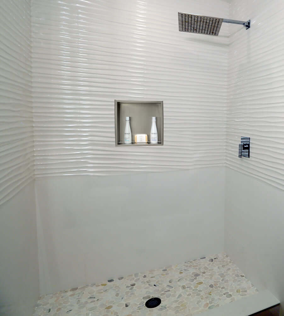 In the showser or in the bathroom - Alfi brand 16"x16" Brushed Stainlesss Steel Bathoom & Shower Niche