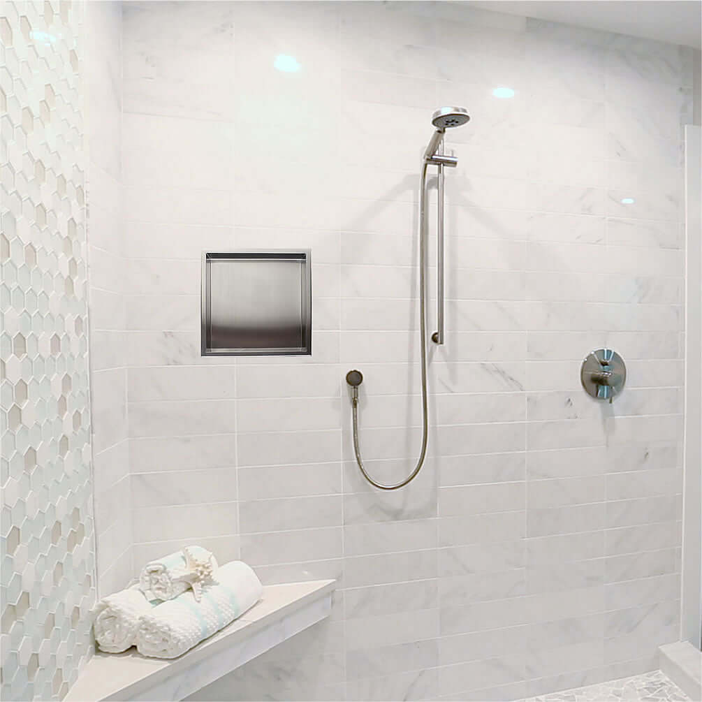 Shower installation - Alfi brand 16"x16" Brushed Stainlesss Steel Bathoom & Shower Niche