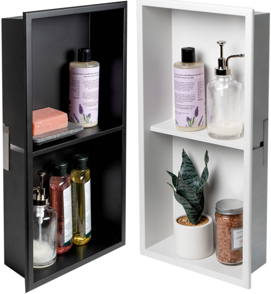 Powder Coat 12" x 24" Stainless Steel 2-Shelf Shower Niche, Matte Black or Matte White - ALFI brand - Perfect Makeup Mirrors