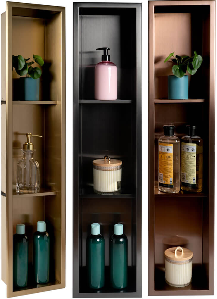 8" x 36" Three-Shelf PVD Stainless Steel Shower Niche - 3 Finishes - ALFI brand - Perfect Makeup Mirrors