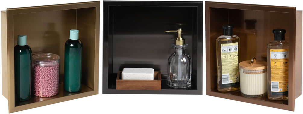 Alfi Brand PVD Stainless Steel Niches in Brushed Finishes of Gold, Black, and Copper