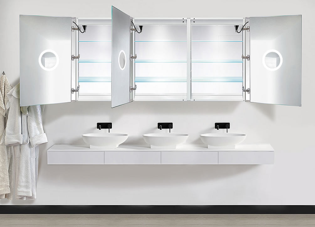 72" Wide Svange LED 3-Door Medicine Cabinet, Dimmer, Defogger, 36" or 42" High - Krugg Reflections - Perfect Makeup Mirrors