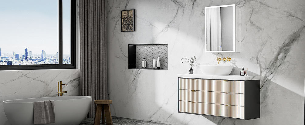 Relais by Mirror Luxe, 24" Wide x 30" High. Stepless dimmer, LED adjustable color temperature, and anti-fog.