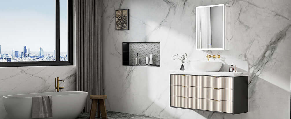 Relais by Mirror Luxe, 24" Wide x 30" High. Stepless dimmer, LED adjustable color temperature, and anti-fog.