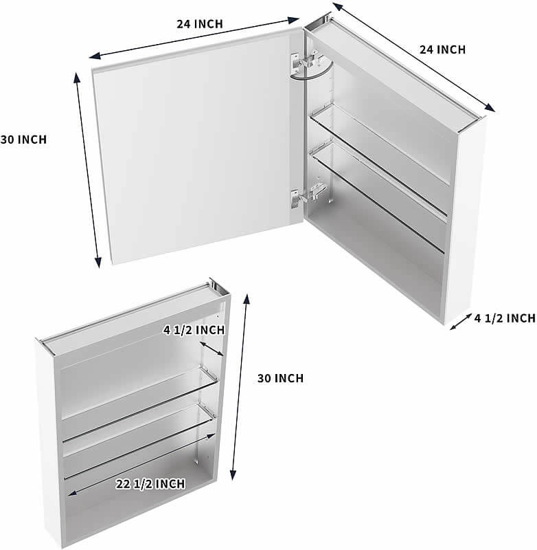 Dimensions shown for left-hinge cabinet. Right-hinge cabinet dimensions are identical.